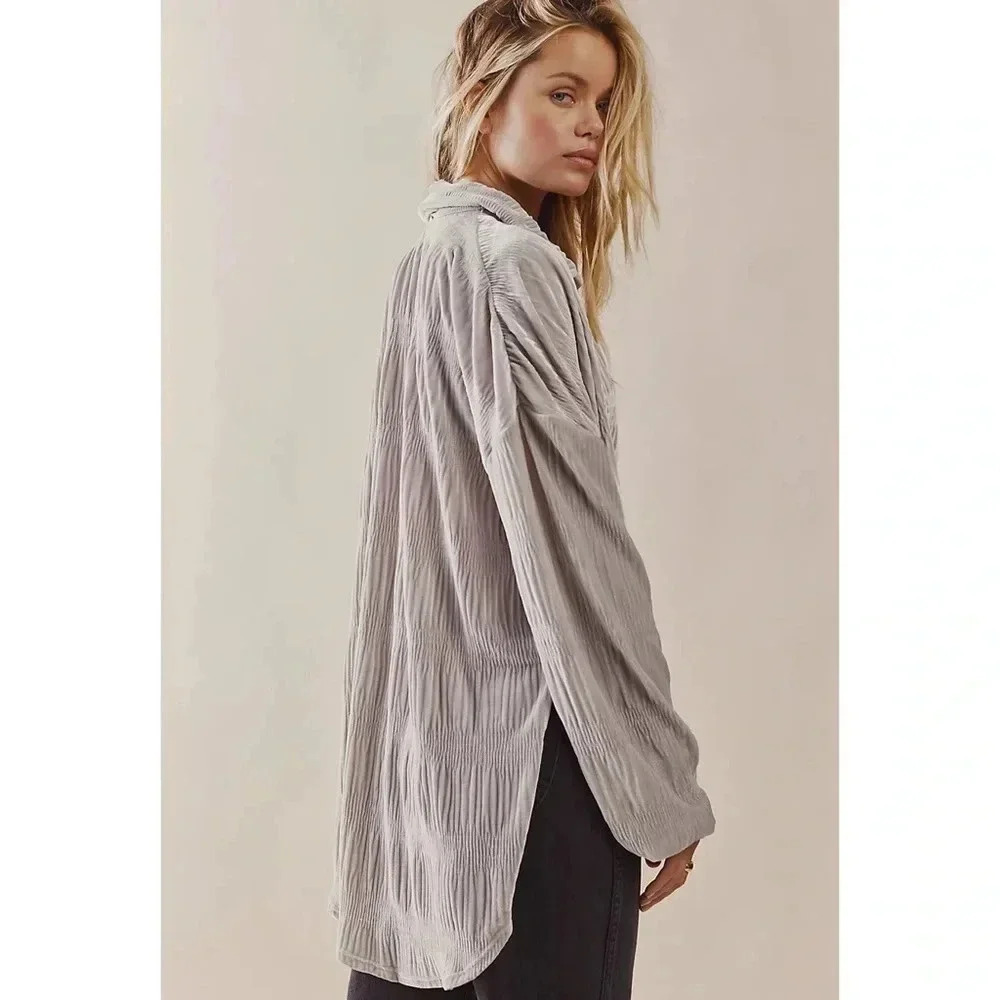 New Free People Velvet Long-Sleeve Button-down Top Chrome Grey Medium - Picture 5 of 15